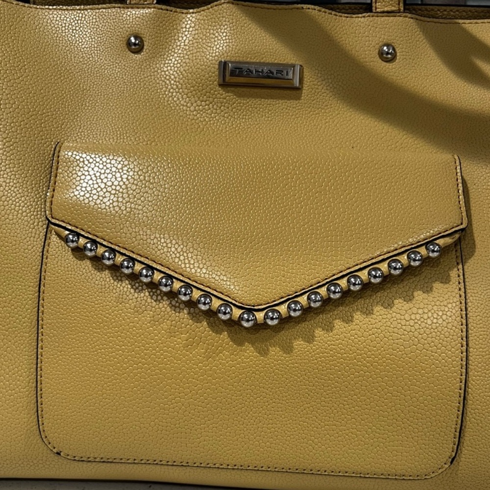 Tahari Yellow Tote with Chain Detail and Structured Design - Picture 3 of 11
